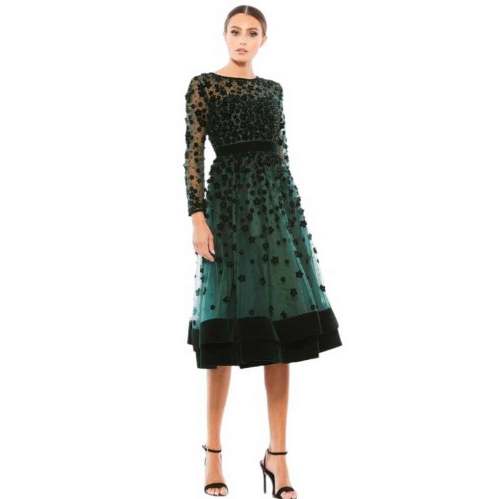NWT Mac Duggal 67007 Embellished Illusion High Neck Long Sleeve Velvet Dress